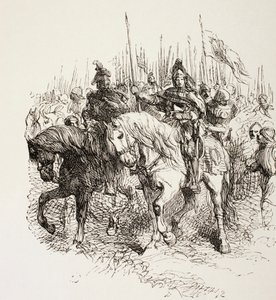 Középkori sereg menet közben lovagok vezetésével, a The Illustrated Library Shakespeare-ből, 1890 Londonban alkotó: English School